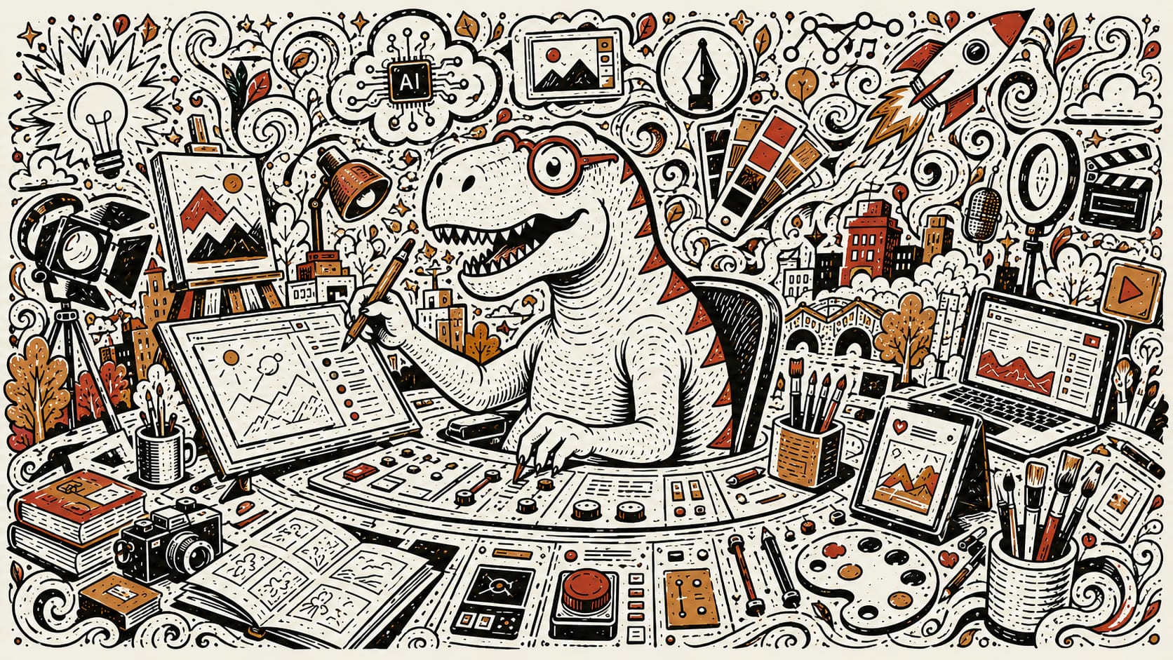Ilustração de um dinossauro de óculos como diretor criativo, à mesa de trabalho cercado de ferramentas de criação e ícones de inteligência artificial